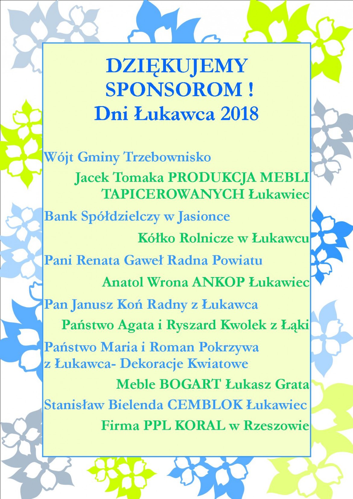 Podziękowanie Sponsorom Dni Łukawca 2018